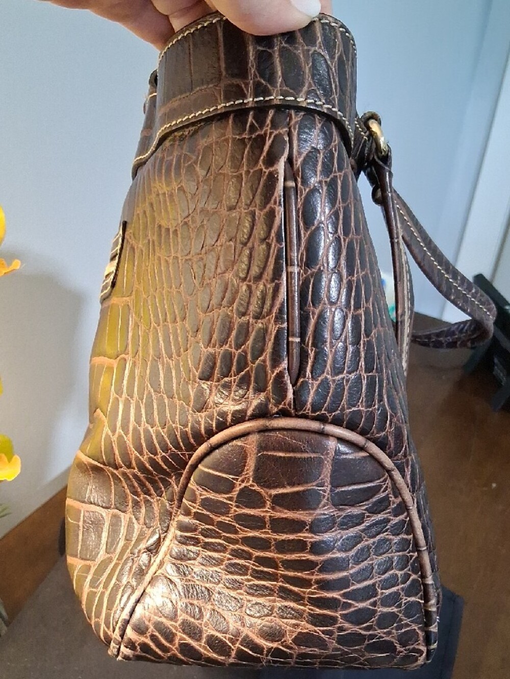 Dooney & Bourke Dark Brown Croc-Embossed Leather Tote with Gold Plaque - Picture 3 of 16
